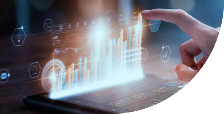 A hand touching a tablet with a bar chart on it.