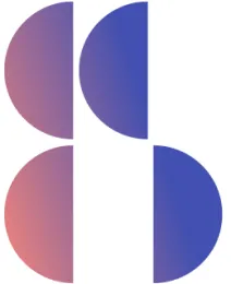 A blue and pink logo on a white background.
